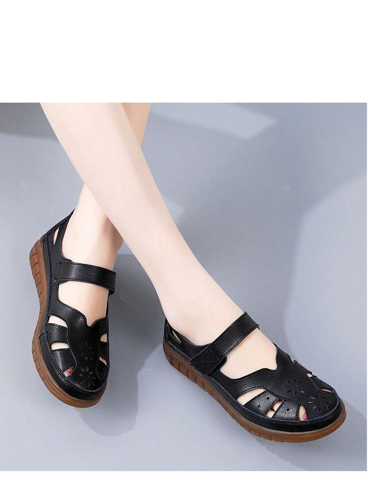 女士真皮平底凉鞋，闭趾渔夫鞋，休闲舒适夏季鞋，工作鞋，日常步行鞋，优质牛皮镂空拖鞋 - 黑色 - 查看 3