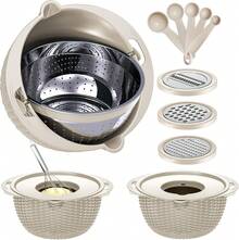 4-1 Colander With Bowl Set - Rotatable Colander Bowl With Measuring Spoons - Fruit Strainer Bowl, Food Strainers And Colanders Funny Presents For Women, Aesthetic Kitchen Gadget Essentials - Beige - 米色 - 查看 1