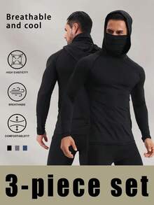 Sudadera deportiva de secado rápido para hombre (paquete de 3) con cubrebocas. Tejido de poliéster transpirable y altamente elástico para gimnasio, running y ropa informal en azul marino, negro y azul oscuro. - Multicolor - Ver 4