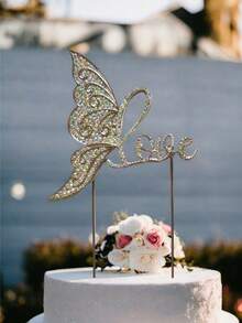 1pc Golden & Silver Anniversary Love Cake Topper, Metal Rhinestone Cake Decor For Wedding Anniversary, Valentine's Day, Birthday Party