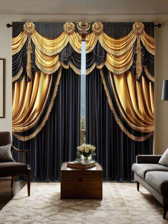 2 Pcs Black & Gold Vintage Patterned Blackout Curtains, Made Of Polyester, Machine Washable, Fade-Resistant, With Rod Pocket, Suitable For Bedroom, Living Room, Office