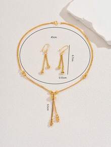 3pcs/Set Minimalist Elegant Round Bead Geometric Tassel Long Necklace & Earrings Jewelry Set, Suitable For Women's Wedding, Anniversary, Evening Gown - Gold - View 4