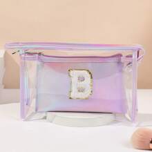 2pcs Letter Laser Makeup Bag, Transparent Jelly Travel Organizer Pouch, Large Capacity High-End Toiletry Bag