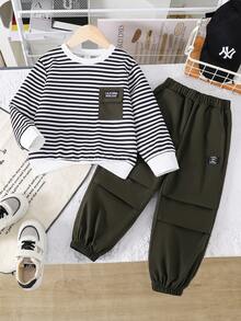 幼儿字母刺绣保暖圆领卫衣和梭织长裤 - 軍綠色 - 查看 1