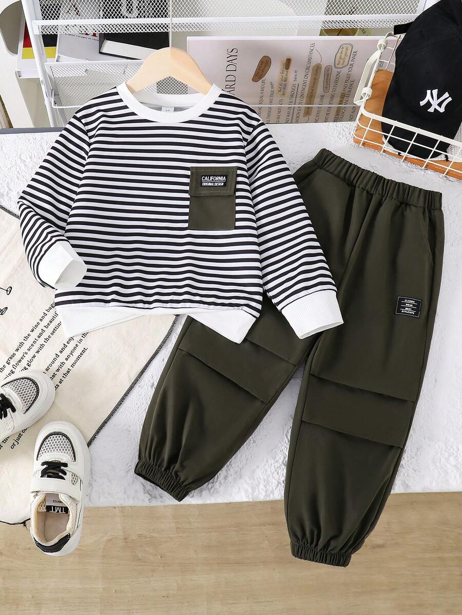 幼儿字母刺绣保暖圆领卫衣和梭织长裤 - 軍綠色 - 查看 1