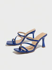 Women's Crystal Decor Peep Toe Mules Chunky High Heel Sandals, Fashionable & Comfortable For Daily Wear, Outdoor, Party, Summer, Blue