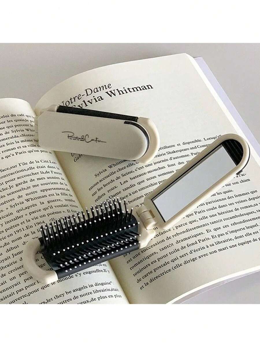 1 件可折叠梳子镜子，便携式气囊垫按摩梳发刷，乳白色，返校，旅行度假必需品，女士发饰 - 白色 - 查看 1