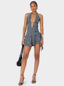 Deep V-Neck Backless Ripped Apocalyptic Style Asymmetrical Sexy Mini Dress - Dusty Blue - View 5