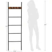 Blanket Ladder, 5-Tier Ladder Shelf, Decorative Ladder With 4 Removable Hooks, Metal Frame, Industrial Style, Rustic