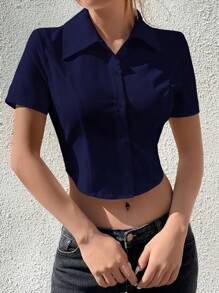 Navy Blue Short Sleeve Shirt With Cutout Waist, Minimalist Design, Sexy And Fashionable, Summer