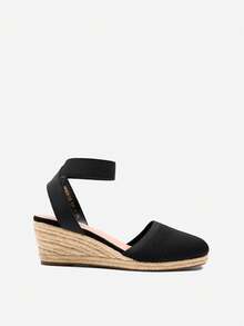 Women's Elastic Ankle Strap Espadrilles Wedge Sandals - Black Knit - View 7