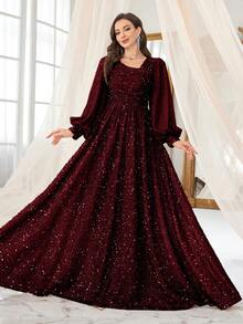 UNITHORSE Women Elegant Lantern Sleeve Waist Ruched Sequin Ruched Maxi Party Dress, Wedding Guest Dress, Formal Dress, Evening Dress, Bride Dress, Birthday Outfits, Graduation Dress, Fall Women Clothes - Burgundy - View 1