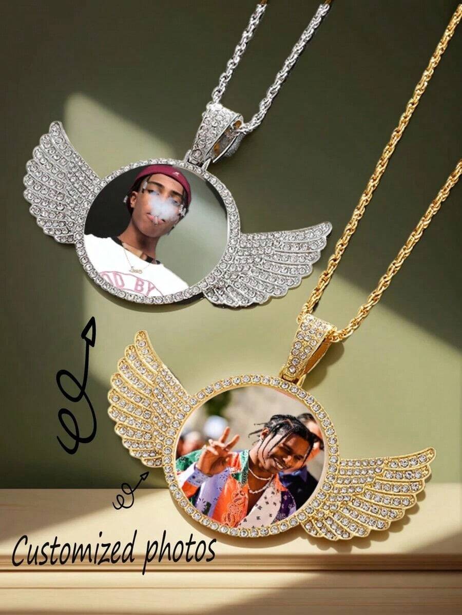 Personalized Rhinestone Studded Angel Wings Photo Necklace |   Custom Photo Necklace |   Hip Hop Photo Pendant | Iced Custom Round Photo Pendant,Gold,Silver,Stylish,Colorful,Vintage,Unisex,Hipster,Simple,Casual,Custom,Personalized,Unique,Ideal Gifts For Him,Ideal Gifts For Her,Her,Boyfriend,Girlfriend,Dad,Mom,Family,Friends,For Anniversaries,For Birthdays,For Graduation,For Prom,For Party,Jewelry Women,Elegant Outfit,Delicate Romance,Silver Stylish - 彩色 - 查看 1