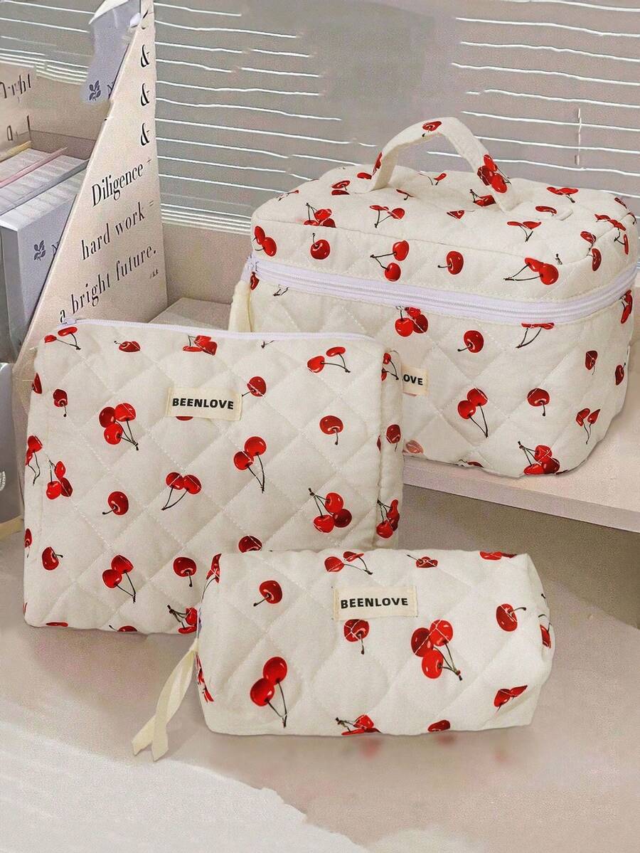 1/3件套绗缝化妆包，饰有蝴蝶结和玫瑰图案，时尚便携化妆包，多功能化妆收纳手提包，带拉链刷架，大容量旅行洗漱包，轻盈蓬松填充，适合旅行收纳，可装口红、卫生巾、硬币、钥匙等，可爱旅行收纳包，母亲节礼物，情人节礼物，周年纪念礼物，开学礼物