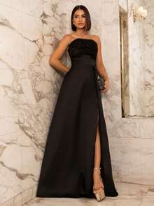 LONG WEDDING PARTY DRESS FOR GODMOTHER, STRAP-FIT, SATIN WITH SEQUINS - BLACK - View 1