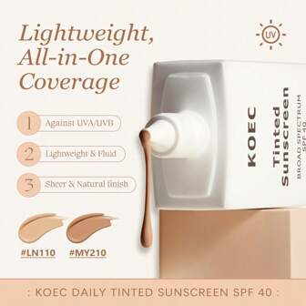 KOEC Protector solar ligero y transparente con protección de amplio espectro, que reduce eficazmente las tonalidades irregulares de la piel, hidratante y nutritivo, crema humectante tintada ultra ligera, protector solar de amplio espectro SPF40+, diseñado especialmente para mujeres.
