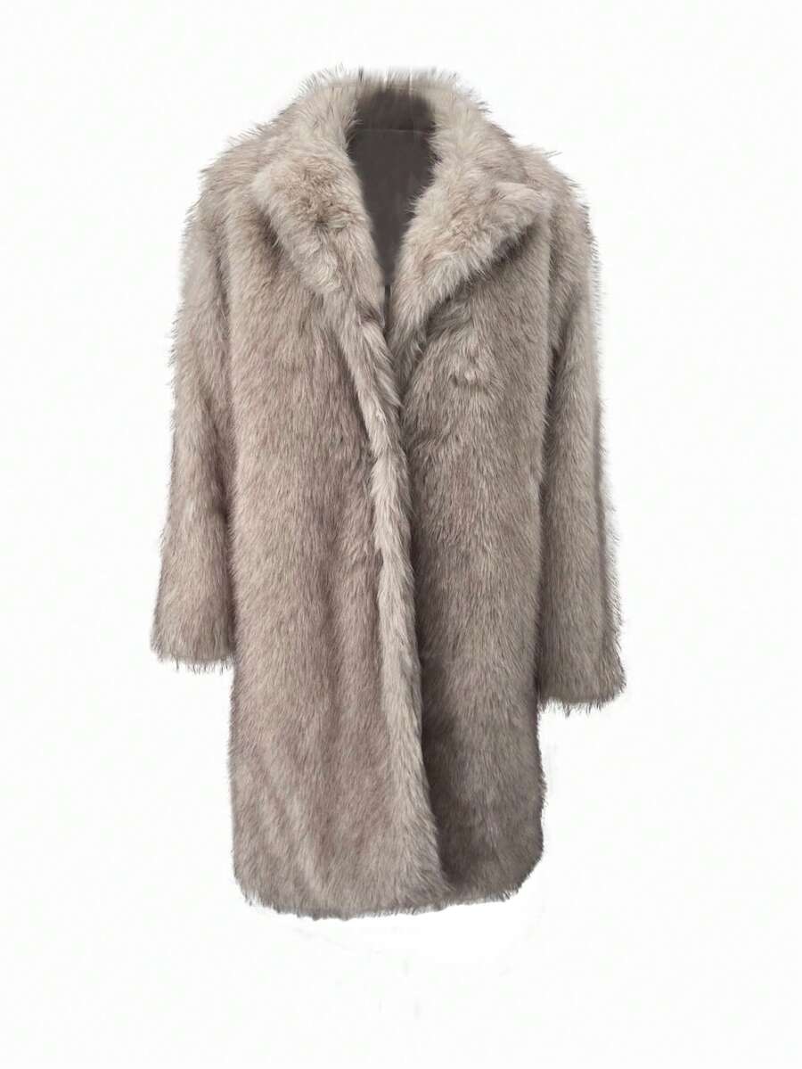 Women's Long Faux Fur Collar Warm Winter Jacket - Beige - View 1