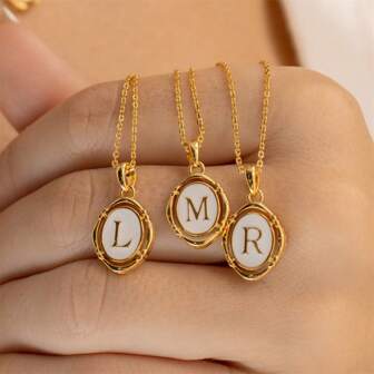 1pc Women's Initial Necklace - Elegant 14K Gold Plated Oval Letter Pendant White Enamel Customized Name Necklace, Suitable As Birthday Gift For Women, Men, Friends, Lovers, Mothers
