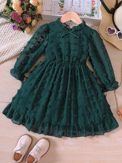 Vestido casual de manga larga con lazo y jacquard para niñas, otoño/primavera