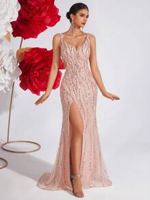 ADYCE Sequin Strap V-Neck Maxi Prom Dress High Waist Backless Criss-Cross Tie Up Back Banquet Party Evening Dress