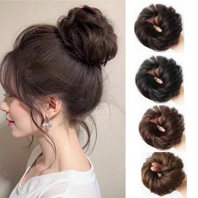 مقاطع شعر صناعية بلون بني للمنظر المشوش للخصلة الشعرية المدورة ، خاتم شعر دائري ، حبل مطاطي للشعر، وشعر إكستنشن للنساء