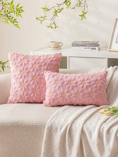 1/2pcs Pink Sunflower Plush Throw Pillow Cover, 18" X 18", Cute, Luxurious, Soft, 100% Polyester, Zippered, Modern Style, Suitable For Sofa, Living Room, Bedroom Decor