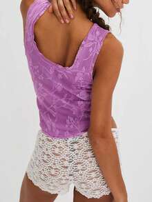 Boho Lace Sheer Corset Cami Tops For Women Y2k Button Down Backless Cropped Tank Tops Beach Vacation Vest Tops Summer Floral Sleeveless Beach Blouse - 紫色 - 查看 4