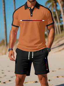 2 件夏季新款男士短袖 Polo 衫彩色丝带字母印花松紧腰抽绳短裤休闲运动旅行度假健身跑步套装 - 彩色 - 查看 1