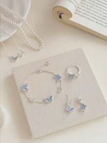 1/2/5/6pcs Set Unique Design Elegant Asymmetrical Quartz Butterfly & Faux Pearl Necklace, Bracelet, Earrings, Ring Jewelry Set, Best Gift For Girlfriend/Friends
