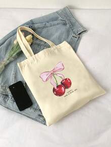 Cherry Pattern Casual Minimalist Shoulder Bag, Handbag Shoulder Bag, Minimalist Bohemian Style Handbag, Women's Gift, Suitable For Work, Travel, Shopping, Backpack, Large Capacity, Portable, Suitable For Teen Girls, Female College Students, White-Collar Workers, Very Suitable For Work, Return To School, High School, High School, University, Vacation , Bohemian Outfit For Women - Beige - View 2