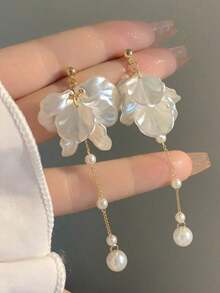 Korean Style Floral Faux Pearl Chain Dangle Earrings, Elegant Sweet Girl Ear Accessories - 白色 - 查看 4