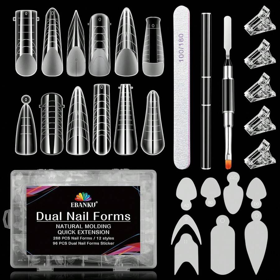 EBANKU Dual Form Kit, 192PCS Poly Gel Forms For French Nails, 96PCS Reusable Silicone Pads, 5PCS Clips, Brush Pen, Files Buffer, Extension Kit For Beginner - 12 Shapes & Nail Tools - View 1