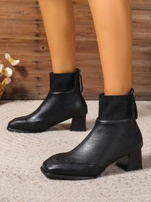 Women's Square Toe High Heel Shoes, Thick Heel Faux Leather Boots With Back Zipper, Suitable For Autumn/Winter - Black - View 3