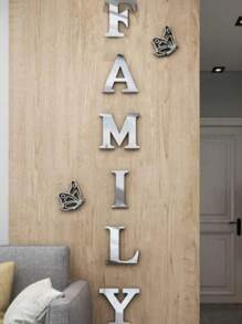 1 Set Of 8pcs Mirror Effect "Family" Slogan & Butterfly Combination Wall Sticker, Waterproof And Self-Adhesive For Kids Room