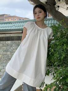 宽松中长款白色盖袖亚麻衬衫，女士无袖上衣，夏季 - 白色 - 查看 7
