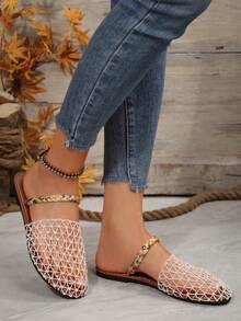 女式白色渔网平底凉鞋，编织带，封闭式鞋头，一脚蹬设计，优雅休闲舒适百搭夏季/假日拖鞋