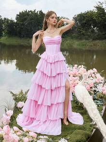 Faeriesty Váy tốt nghiệp bằng vải satin không dây sang trọng với nhiều lớp voan nhún bèo và dây buộc chéo phía sau - Váy trang trọng cho tiệc sinh nhật, tiệc cưới, dạ tiệc và sự kiện tối lãng mạn - Hồng - Xem 7
