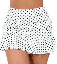 Halcurt Women's High Waisted Ruched Ruffle Swim Skirt With Shorts Tummy Control Tankini Swim Skort Bikini Swimsuit Bottoms - White/Polka Dot - View 1