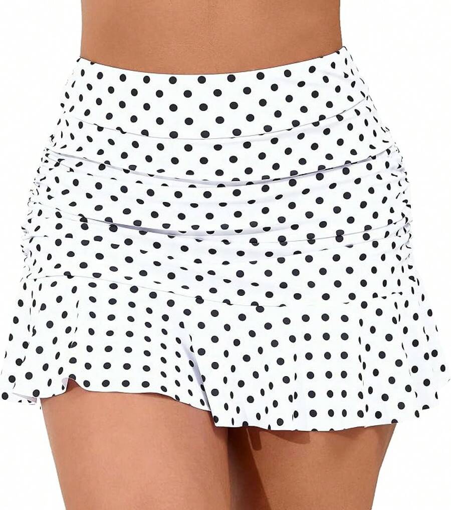 Halcurt Women's High Waisted Ruched Ruffle Swim Skirt With Shorts Tummy Control Tankini Swim Skort Bikini Swimsuit Bottoms - White/Polka Dot - View 1