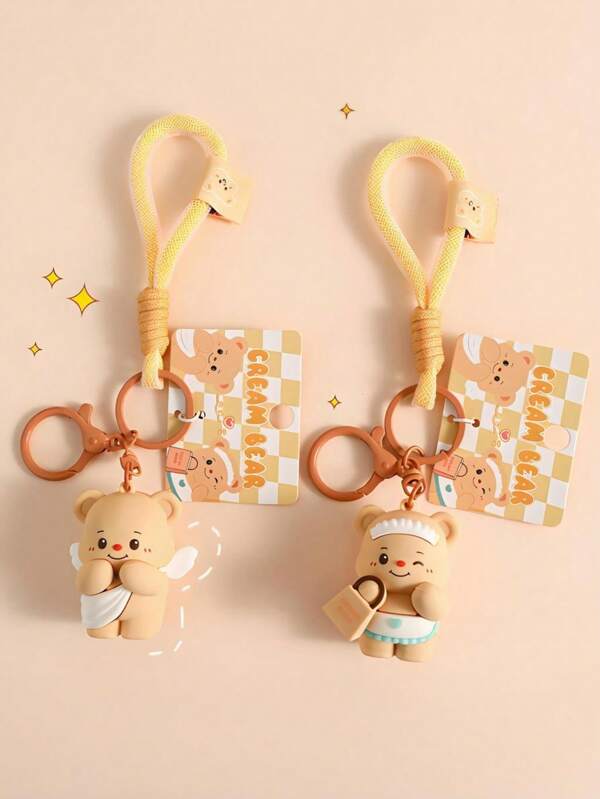 1pc Cream Bear Doll Keychain Pendant Mobile Phone Chain Home Decoration Ornaments Schoolbag Decoration Accessories Colored Doll Pendant Car Key Pendant Holiday Birthday Gift Car Pendant Back To School Season Pendant