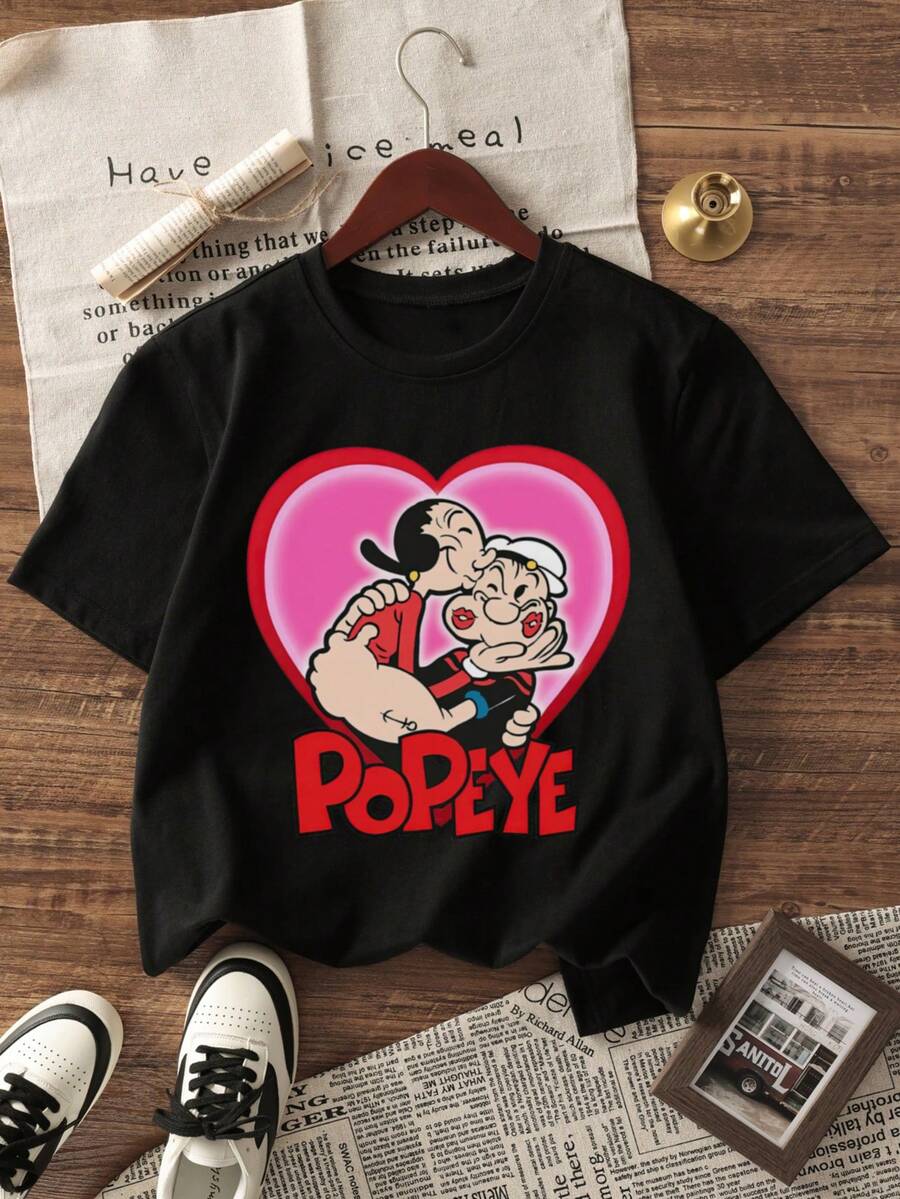 Women's Summer New Cute Cartoon Popeye Print Round Neck Short Sleeve T-Shirt, Fashionable & Versatile, Suitable For Everyday Wear - Black - View 1