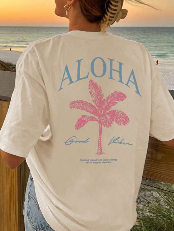 Ladies' Spring And Summer New Palm Tree Slogan Print Daily Casual Round Neck Short Sleeved T-Shirt Fashionable Vacation Style, Your Daily Necessity. Graphic Tees Women White Top Black Top Pink Top Vacation Outfits Women