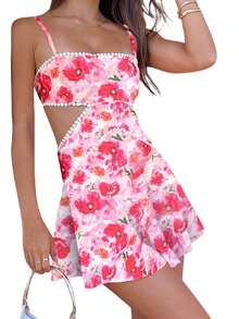 Women Boho Graphic Mini Cami Dress Spaghetti Strap Floral Short Dress Flowy Backless Sling Dress Summer Sundress - Màu Hồng Tươi - Xem 1