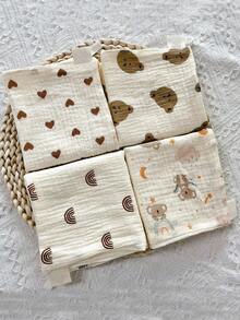 4 件新生儿方形手帕、纱布婴儿面巾、卡通婴儿口水围兜 - 米色 - 查看 2