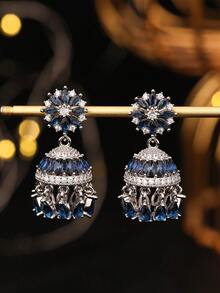 1 对奢华 Jhumka 耳环，优雅的铜锆石水晶花朵设计吊坠耳环，时尚创意风铃轻质耳环适合女性日常、节日、婚礼和派对佩戴/珠宝礼物 - 多色 - 查看 2