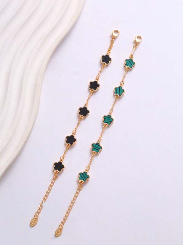 2pcs Set Fashionable Classic Black And Green Clover Bracelets