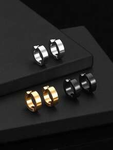 3 pares de pendientes de clip minimalistas versátiles de acero inoxidable en dorado, plateado y negro para hombres - Multicolor - Ver 1