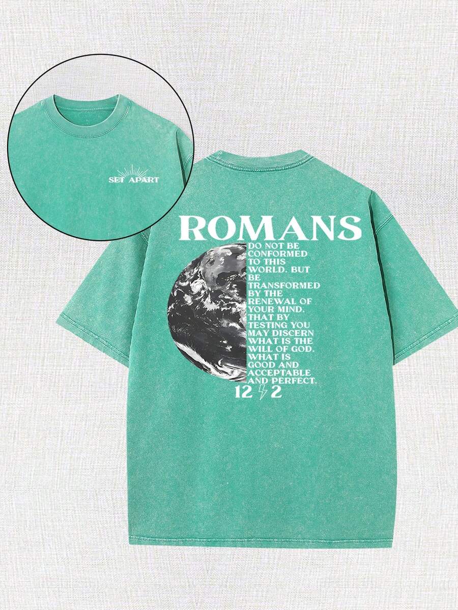 Earth Religious Cross With Retro Design Christian Jesus Printed Retro Washed T-Shirt, 230G, Retro Street Style. Simple And Versatile, Pure Cotton Is Of High Quality, Novel And Fashionable, And It Is A Must-Have Fashion T-Shirt For Spring And Summer. - 綠色 - 查看 1