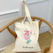 1 Piece Single-Sided Tote Bag Shoulder Bag Large Capacity Fashion Simple Casual Versatile Shopping Shopping Light Portable Class Student Bouquet Customizable Name Copywriting Personalized Unique