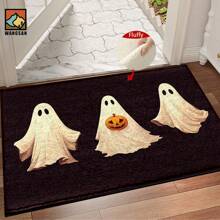 1 pièce Tapis antidérapant de salle de bain avec motif de citrouille fantôme d'Halloween, en matériau de cachemire artificiel, avec décoration moelleuse, convient pour les portes, les salles de bain, les cuisines et autres occasions, lavable en machine, antidérapant, décoration quotidienne, peut être offert en cadeau
